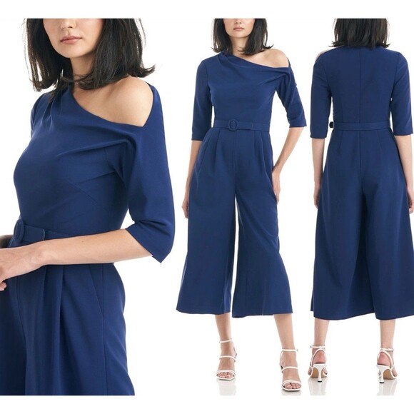 Kay Unger Pants - NEW Kay Unger Tori Tea-Length One Shoulder Jumpsuit Navy Blue Missing Belt Sz 14